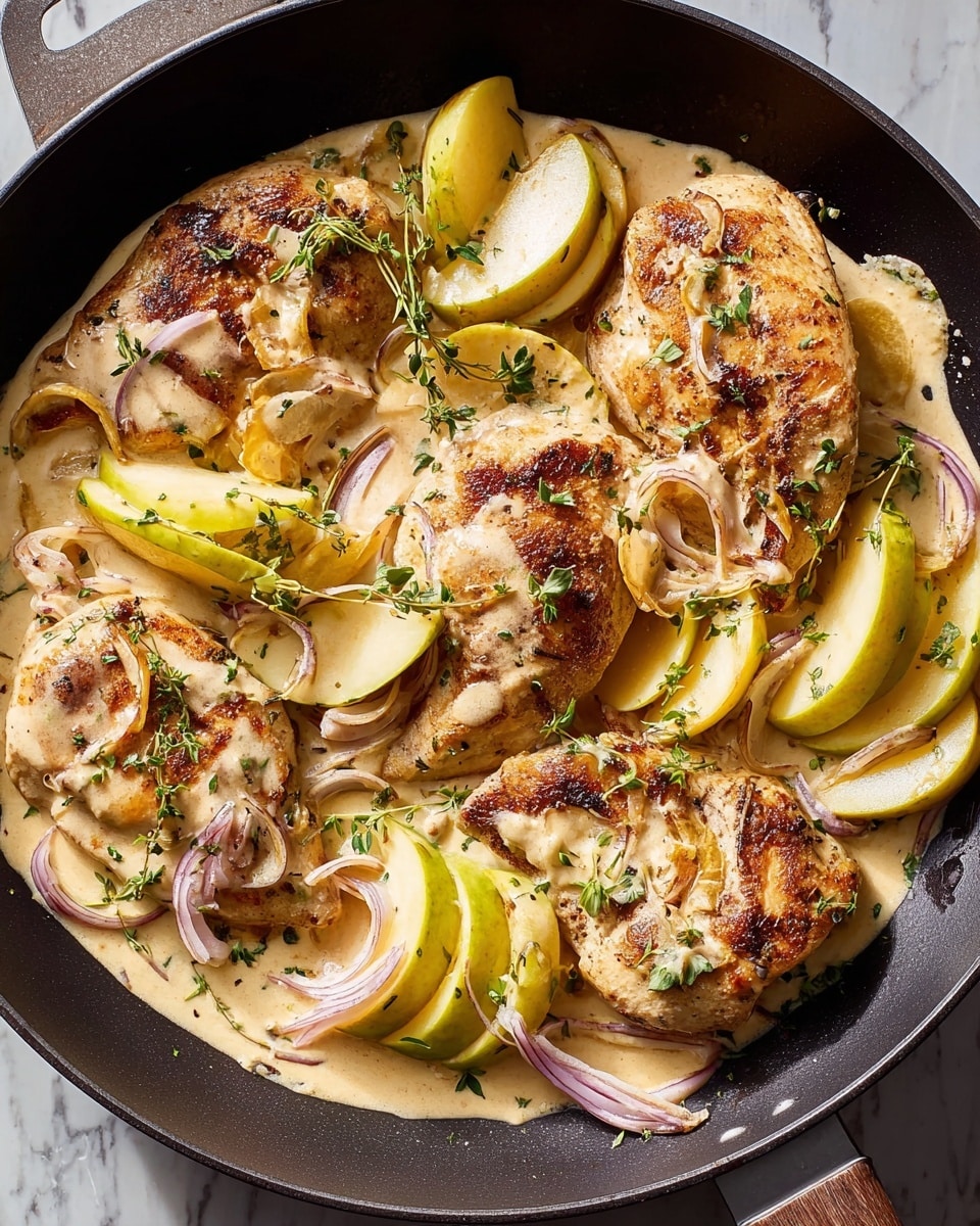 A white plate holds a piece of golden-brown grilled chicken in the center, with a section partially sliced showing a white inside. Underneath and around the chicken are thin slices of yellow-green apple and pinkish-red onion strips mixed with a creamy light brown sauce. Small green sprigs of thyme decorate the plate on the left side. A silver fork is placed on the right side of the plate, with the tines resting next to the chicken slice. The background features a white marbled texture. photo taken with an iphone --ar 4:5 --v 7
