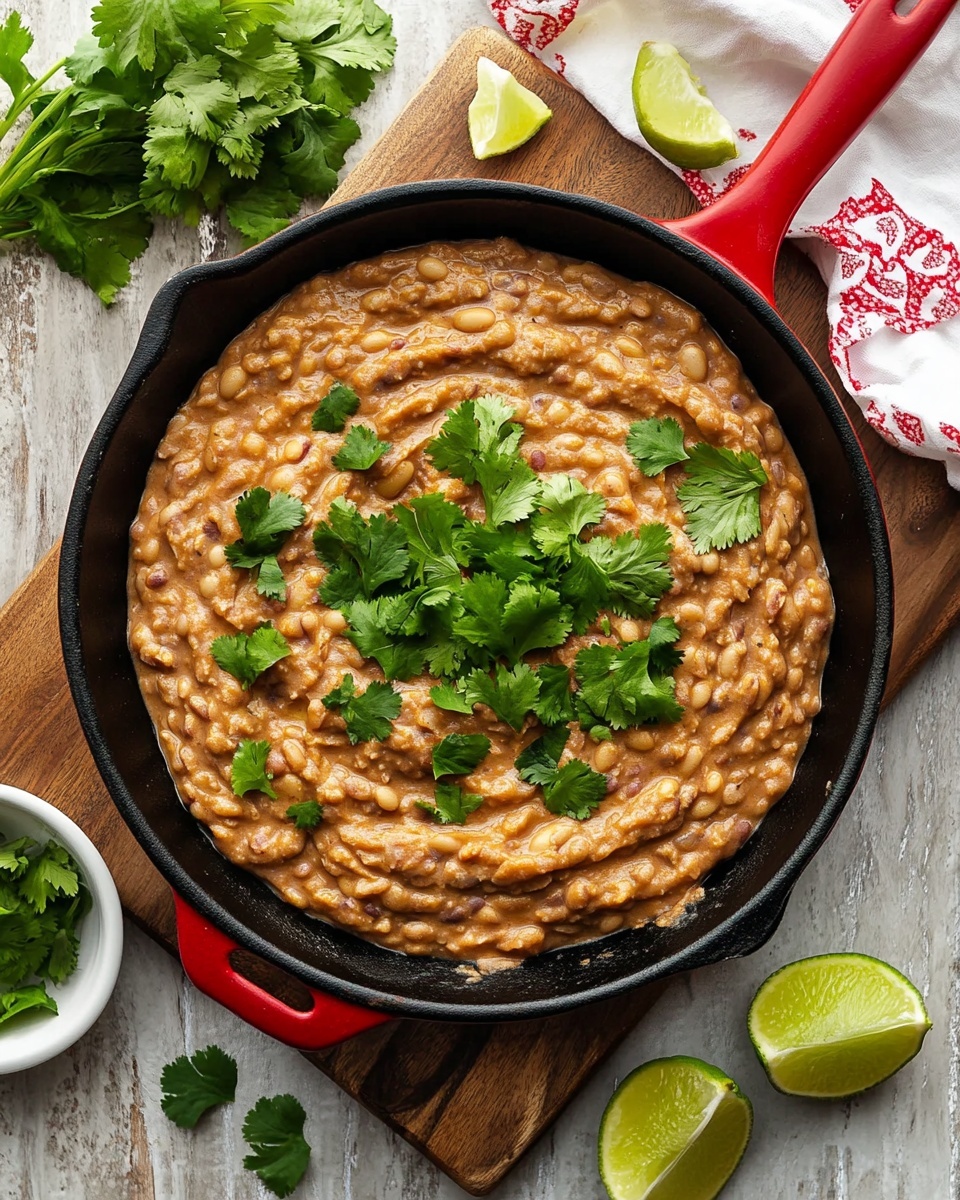 A black cast iron pan with a red handle is filled with a creamy brown refried beans dish topped with scattered bright green cilantro leaves. The pan sits on a wooden cutting board with lime wedges placed on both the board and nearby on a white marbled surface. A small white bowl filled with more fresh cilantro is on the left side, and a white cloth with red patterns is on the right side. The photo taken with an iphone --ar 4:5 --v 6.1