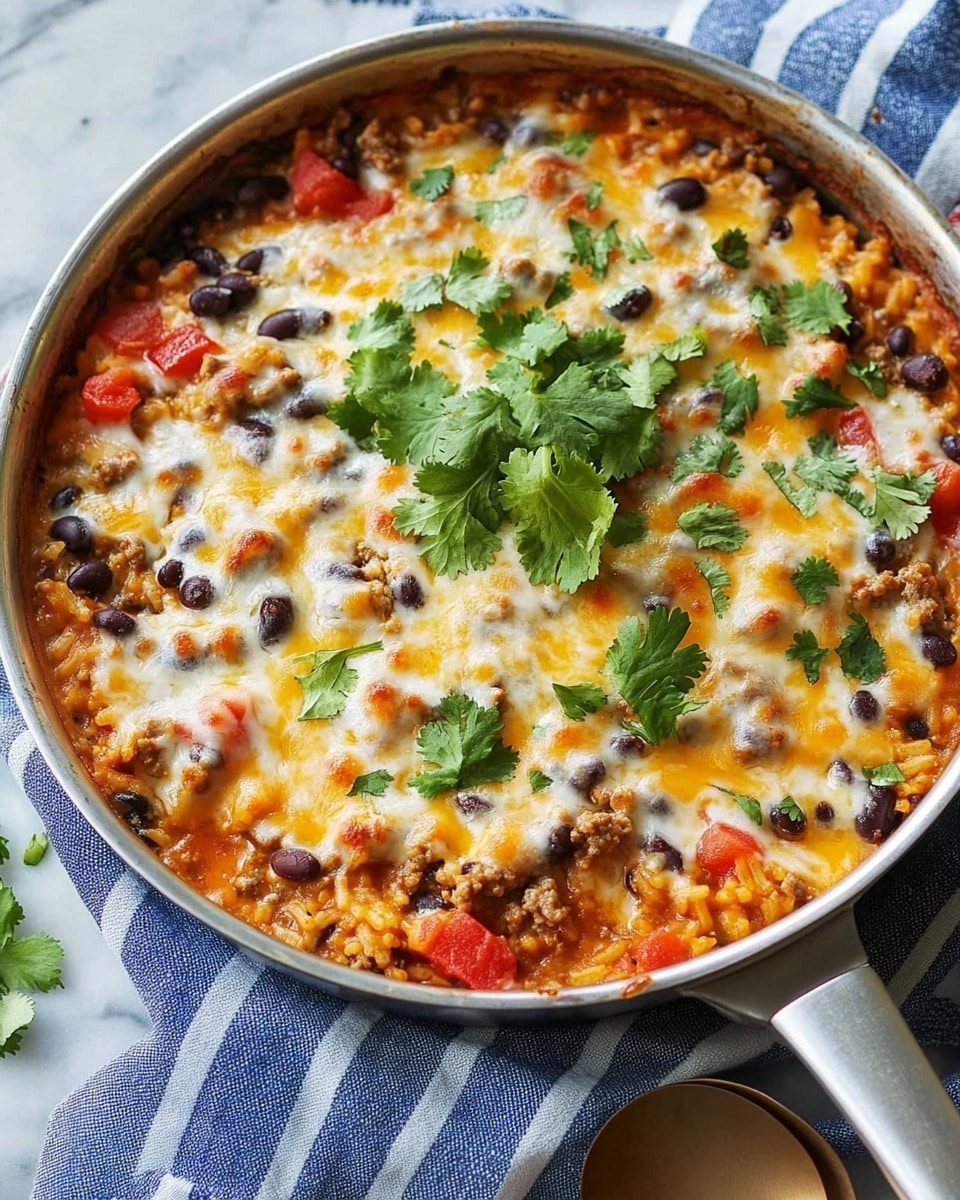 A round pan holds a layered Mexican dish with a bottom layer of cooked ground meat mixed with black beans, corn, diced tomatoes, and rice, visible through melted white and yellow cheese covering most of the top surface. In the middle top, there are fresh green avocado chunks and bright red tomato pieces scattered, along with small green cilantro leaves sprinkled across. The pan is placed on a wooden surface with a metal spoon scooping some of the dish from one side. photo taken with an iphone --ar 4:5 --v 6.1