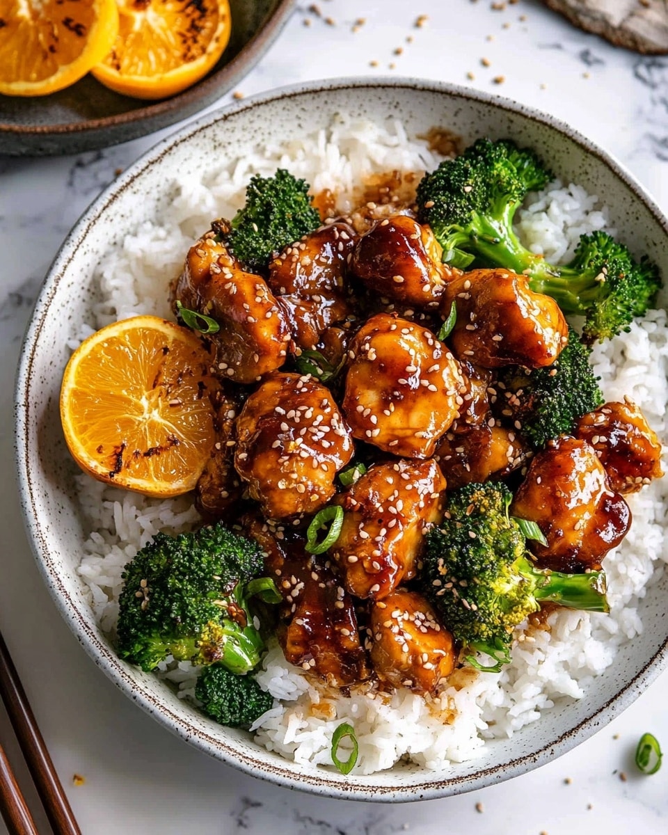 A white speckled bowl filled with a base layer of white rice, topped with crispy golden brown chicken pieces coated in a shiny, dark caramel sauce. Scattered among the chicken are bright green broccoli florets and small slices of charred golden orange citrus. Thin strips of fresh green scallions are artfully placed on top, adding a fresh contrast to the rich colors. On the left side of the bowl, a pair of wooden chopsticks with blue and white patterned handles rest against the bowl edge. The bowl is placed on a dark rustic metal tray set on a white marbled surface. Photo taken with an iphone --ar 4:5 --v 6.1
