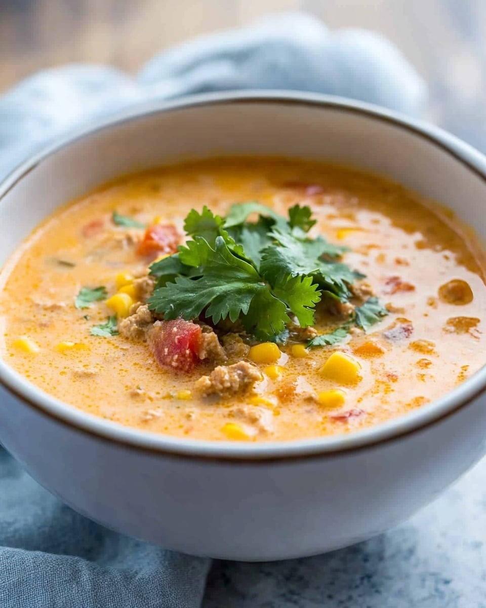 A white bowl filled with creamy soup that has light orange color with small pieces of corn, tomatoes, and brown chunks that look like meat. On top, there is a small bunch of fresh green cilantro leaves placed in the center. The bowl is on a white marbled surface with a light blue cloth slightly blurred in the background. Photo taken with an iphone --ar 4:5 --v 6.1