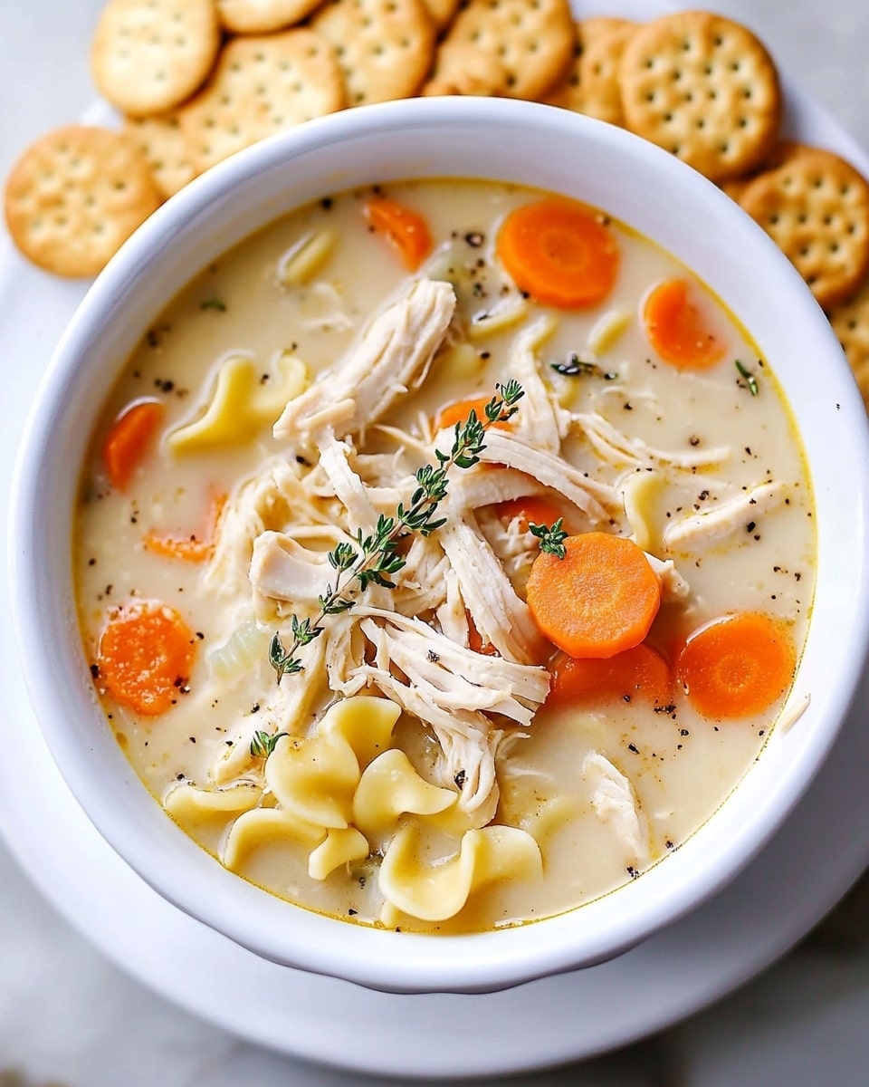 A close-up of creamy chicken noodle soup in a red pot sitting on a white marbled surface, filled with layers of thick, pale cream-colored broth speckled with black pepper and herbs, shredded light brown chicken pieces, small orange carrot slices, pale yellow noodles with a slightly ruffled texture, and light green celery slices; a metal ladle is scooping soup from the pot, showing the mix of soup ingredients clearly inside the ladle. photo taken with an iphone --ar 4:5 --v 6.1