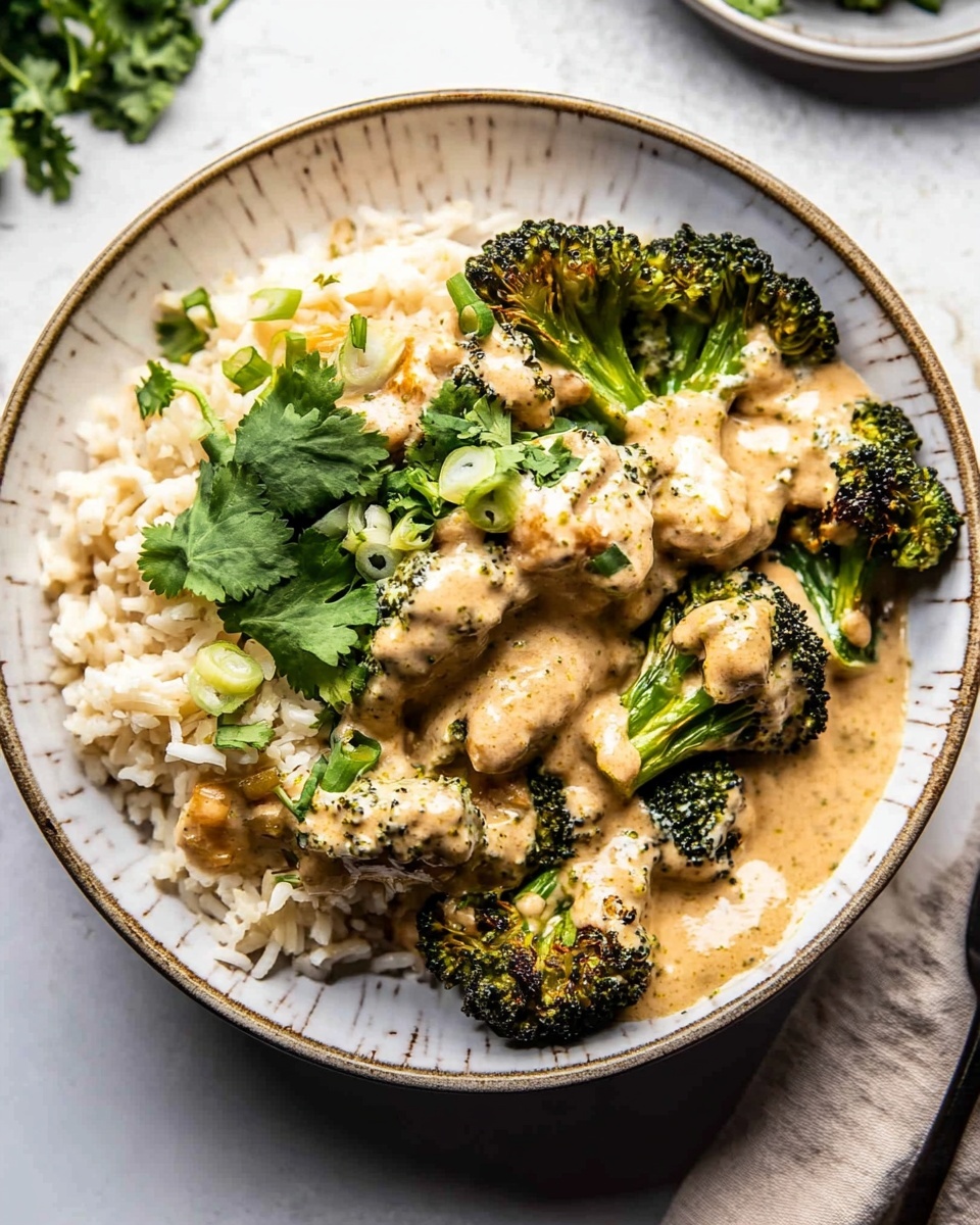 A white bowl with black lines holds three main parts: on the left side, a small pile of light brown cooked rice; next to it, fresh bright green chopped herbs; and the largest part on the right, roasted broccoli covered in a creamy white sauce with green herb bits, giving a textured look. A large silver spoon rests inside the bowl, touching the broccoli and sauce layers. The bowl sits on a dark surface, with some fresh chopped green herbs and spring onions on a white dish nearby and a brown cloth to the side. The scene is lit naturally and warmly. photo taken with an iphone --ar 4:5 --v 6.1