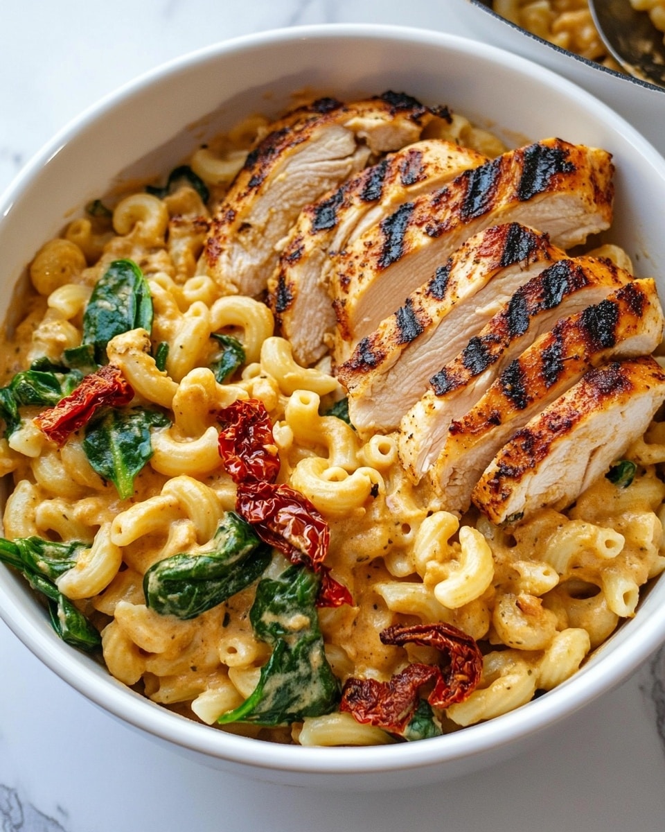 A white bowl filled with creamy macaroni pasta that has a light orange color, mixed with pieces of wilted green spinach and red sun-dried tomatoes. On top, there are two slices of grilled chicken with dark grill marks and a slightly crispy texture. A silver fork lifts a bite showing stretchy melted cheese mixed with the pasta and vegetables. Behind, there is a large white pan with more creamy macaroni, spinach, sun-dried tomatoes, and sliced grilled chicken, with a bright red spatula resting inside. The scene is set on a white marbled surface with fresh green herbs nearby. Photo taken with an iphone --ar 4:5 --v 6.1