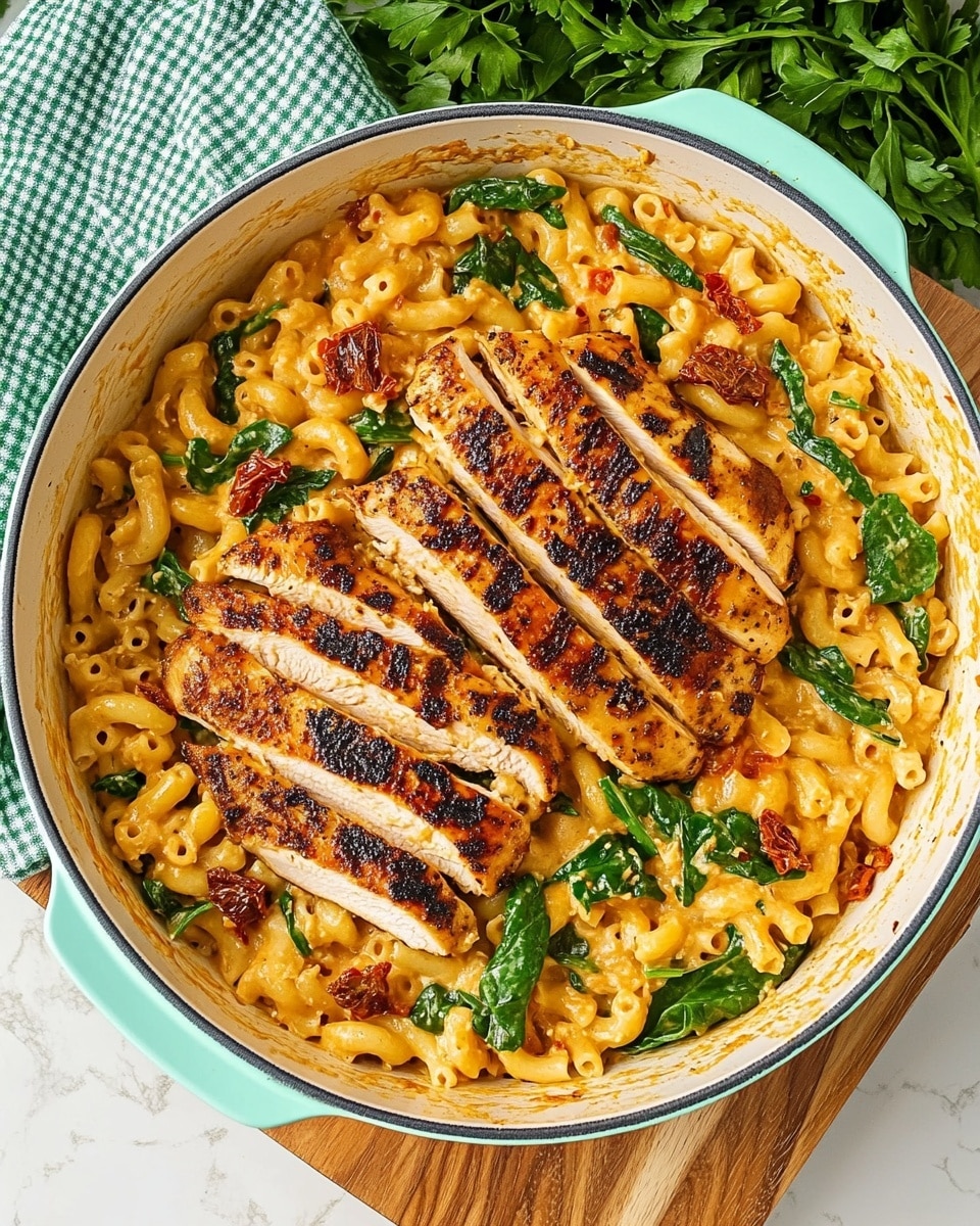 The image shows a dish with two pieces of grilled chicken laid on top of creamy macaroni pasta. The pasta is light yellow with a smooth, thick sauce, mixed with green spinach leaves and bits of dark red sun-dried tomatoes spread evenly. The grilled chicken has clear dark grill marks and is sliced into thick pieces, revealing its juicy, white inside. The dish is close-up, filling the frame with a white marbled surface in the background. Photo taken with an iphone --ar 4:5 --v 6.1
