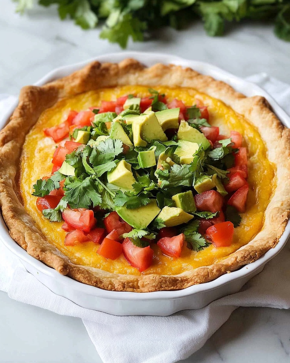 A white plate holds a deep-dish pie with one thick, golden-brown crust layer forming the edges, folded slightly over. Inside, there is a layer of melted yellow cheese covering most of the pie's surface with bits of darker filling showing near the edges. On top of the cheese is a layer of fresh green shredded lettuce mixed with light green cubes of avocado, small red tomato pieces, and a few sprigs of cilantro, all piled in the center. The plate rests on a white cloth with red stripes over a white marbled surface. Photo taken with an iphone --ar 4:5 --v 6.1
