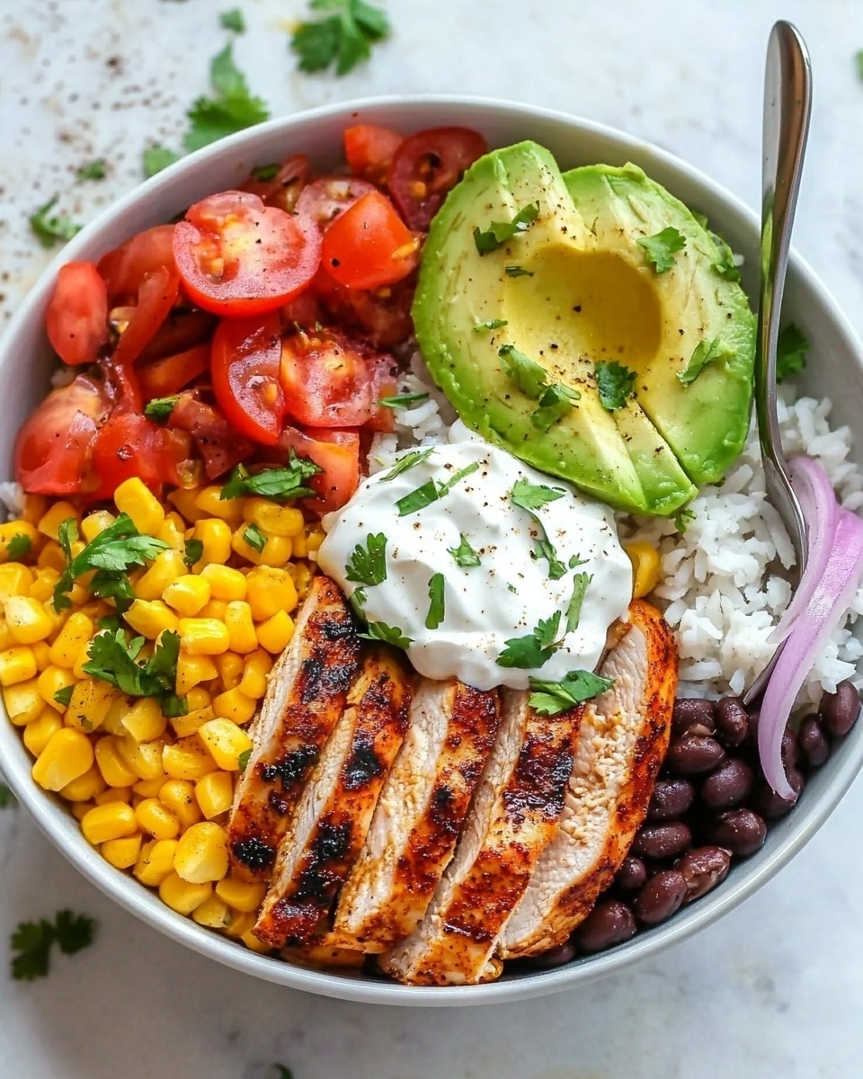 A white bowl filled with several colorful layers starting with a bed of green leafy lettuce at the bottom. On top of the lettuce, there are neatly arranged slices of grilled chicken with a golden brown, slightly charred surface. Beside the chicken, there is a portion of bright yellow corn kernels, cooked and shiny. Next to the corn, there is a serving of fluffy white rice with some green herbs sprinkled over it. Opposite the rice, there is a mix of chopped red tomatoes and green herbs creating a vibrant texture, along with some black beans next to the tomatoes. Two slices of light green avocado are placed near the center on top of the chicken, crowned with a dollop of white sour cream sprinkled with black pepper and chopped green herbs. The bowl sits on a white marbled surface. photo taken with an iphone --ar 4:5 --v 6.1