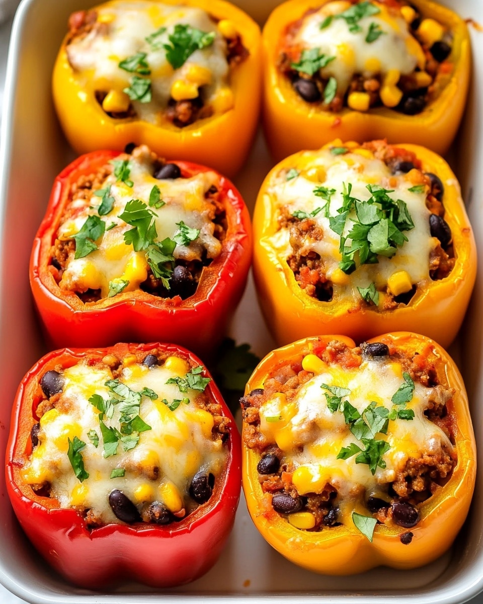 A single bright orange bell pepper stands upright on a white speckled plate with a white marbled texture background. The bell pepper is hollowed out and filled with a textured mixture of cooked ground meat, black beans, corn, and melted cheese that blends slightly golden brown on top. A dollop of white sour cream sits on top of the filling, garnished with small green parsley leaves. To the left on the plate, there is a small white bowl filled with thick red sauce. A few green parsley leaves are also scattered on the plate near the pepper. Photo taken with an iphone --ar 4:5 --v 6.1