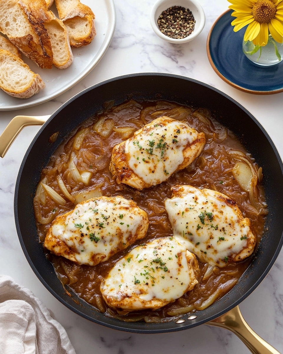 A large black pan sits on a white marbled surface, filled with four golden brown pieces of cooked chicken topped with melted white cheese, sprinkled lightly with green herbs and black pepper. The chicken is partially covered with a thick, rich brown onion sauce that has visible cooked onion slices throughout. To the upper left of the pan, a white oval plate holds several crispy toasted bread slices with a golden char. To the upper right, a small white bowl contains black pepper, next to a dark blue plate with two gold forks resting on top. A clear small vase with yellow flowers adds a fresh touch beside the bread plate. Photo taken with an iphone --ar 4:5 --v 6.1