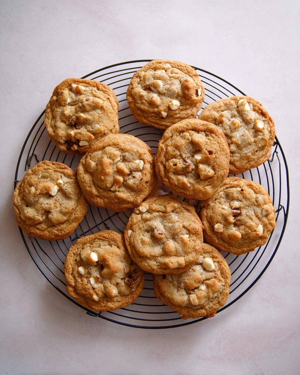 A round black wire cooling rack holds twelve freshly baked cookies arranged loosely in a single layer. Each cookie is golden brown with a slightly cracked surface and is spotted with chunks of white and milk chocolate, adding texture and color contrast. The cookies appear soft in the middle with slightly crisp edges. The background features a clean white marbled texture that highlights the cookies and rack without distraction. photo taken with an iphone --ar 4:5 --v 7