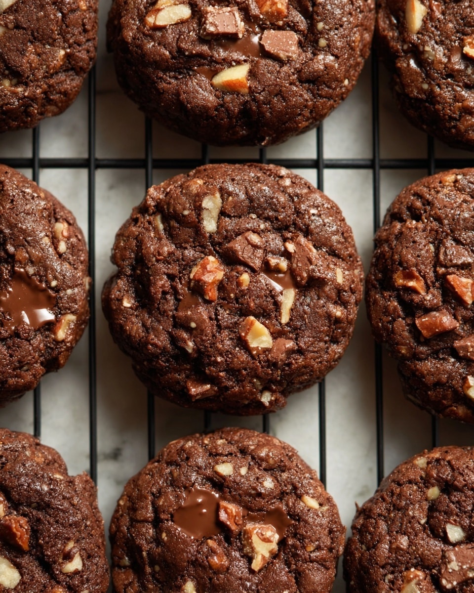 The image shows several round chocolate cookies cooling on a black wire rack over a white marbled surface. Each cookie is thick, dark brown in color, and has a rough, textured surface with visible chunks of melted chocolate and pieces of nuts dispersed throughout. The cookies are arranged tightly next to each other, with some parts of the cookies overlapping the edges of the frame. The light highlights the glossy melted chocolate and the uneven bumpy texture of the nuts on the surface. photo taken with an iphone --ar 4:5 --v 7