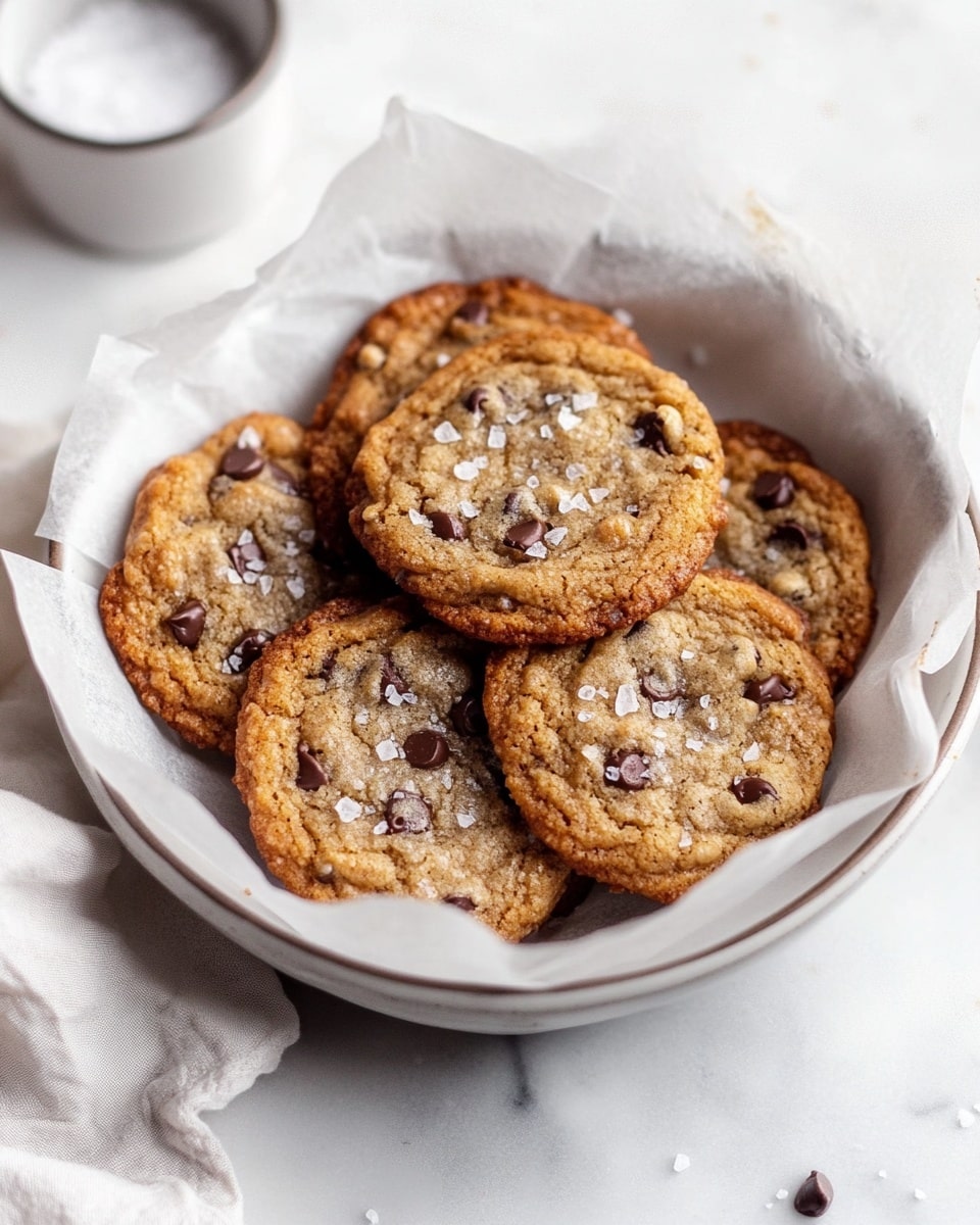 A round dark metal pan holds several soft cookies with a light golden-brown color and dark chocolate chips spread on top. The cookies have a wrinkled texture with some shiny melted chocolate spots and light salt flakes sprinkled on top. One cookie at the front has a bite taken out, showing melted chocolate inside. The pan is lined with crinkled white parchment paper, and the whole setup sits on a white marbled surface. photo taken with an iphone --ar 4:5 --v 7