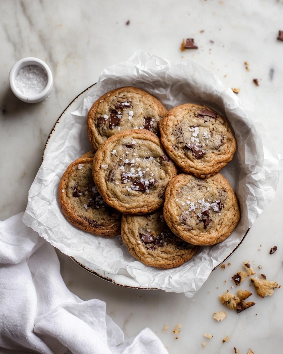 A small stack of five golden brown chocolate chip cookies rests on crinkled white parchment paper inside an old, dark baking pan. The cookies have a slightly rough texture with visible slightly melted dark chocolate chips scattered on top. The front cookie has a bite taken from its lower right side, showing a soft and slightly melted chocolate inside. Small flakes of white sea salt sprinkle the cookie surfaces. The baking pan sits on a white marbled surface. photo taken with an iphone --ar 4:5 --v 7