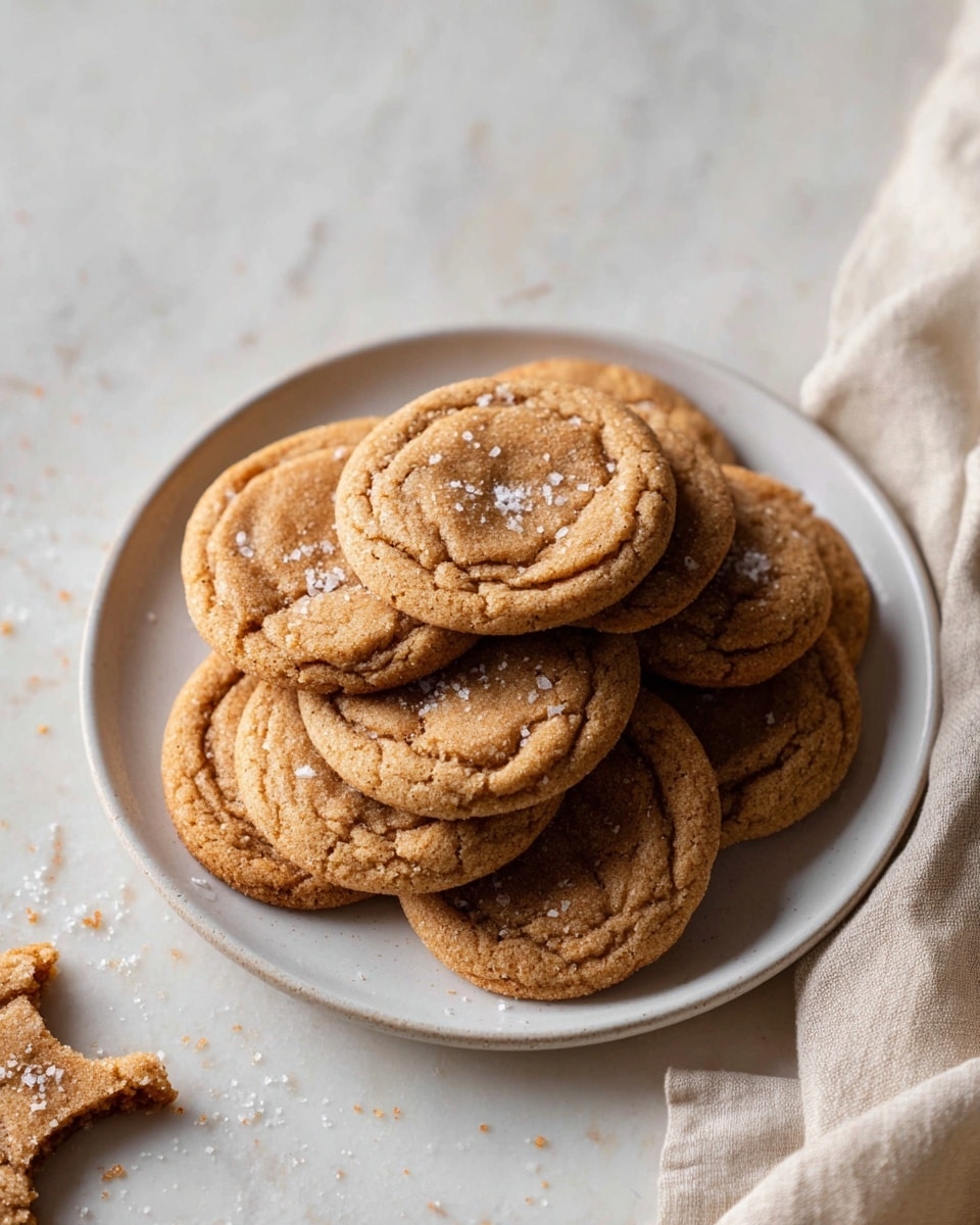 A white plate sits on a white marbled surface filled with a stack of soft, brown cookies. Each cookie is round with a slightly cracked texture and sprinkled with flakes of salt. The cookies overlap one another in layers, forming a neat, slightly uneven pile. Near the plate, there is one cookie with a bite taken from it, showing its inside texture. A beige cloth is softly placed on the right side of the frame. Photo taken with an iphone --ar 4:5 --v 7