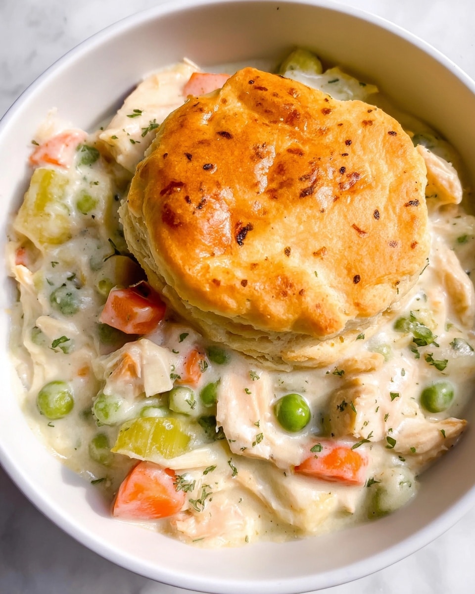 The image shows a white bowl with a creamy chicken pot pie filling topped by a single golden-brown biscuit. The filling has chunks of white chicken, bright orange carrot slices, green peas, and light green celery pieces in a thick, pale cream sauce. The biscuit is round and fluffy with a slightly shiny, baked top, resting on the filling near the center. The bowl is set on a white marbled surface. Photo taken with an iphone --ar 4:5 --v 7