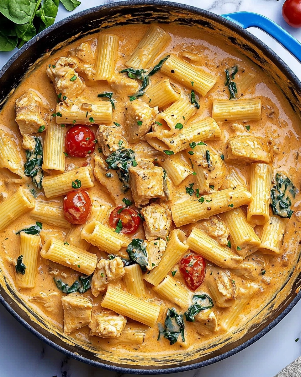 This dish shows a skillet filled with creamy pasta made of rigatoni tubes with a smooth, light beige sauce that coats everything evenly. Large pieces of cooked light brown meat are mixed throughout, alongside bright red cherry tomato halves and fresh green spinach leaves adding color. Small sprinkles of green herbs are scattered on top. The skillet is dark, contrasting with the creamy, rich pasta inside. The dish sits on a white marbled surface. photo taken with an iphone --ar 4:5 --v 7