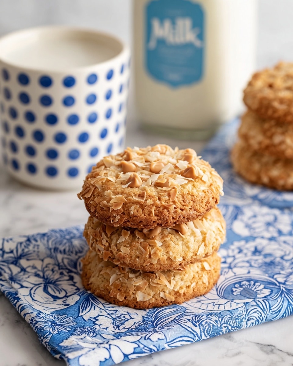 A stack of five round cookies is placed on a white plate with a blue floral pattern, set on a white marbled surface. Each cookie is golden brown with a slightly rough texture and has light beige toasted coconut flakes scattered on top, along with small light brown bits embedded within the dough. The cookies are thick and soft-looking, closely stacked with some slight spreading at the edges. The background is softly blurred, showing a similar stack of cookies. photo taken with an iphone --ar 4:5 --v 7
