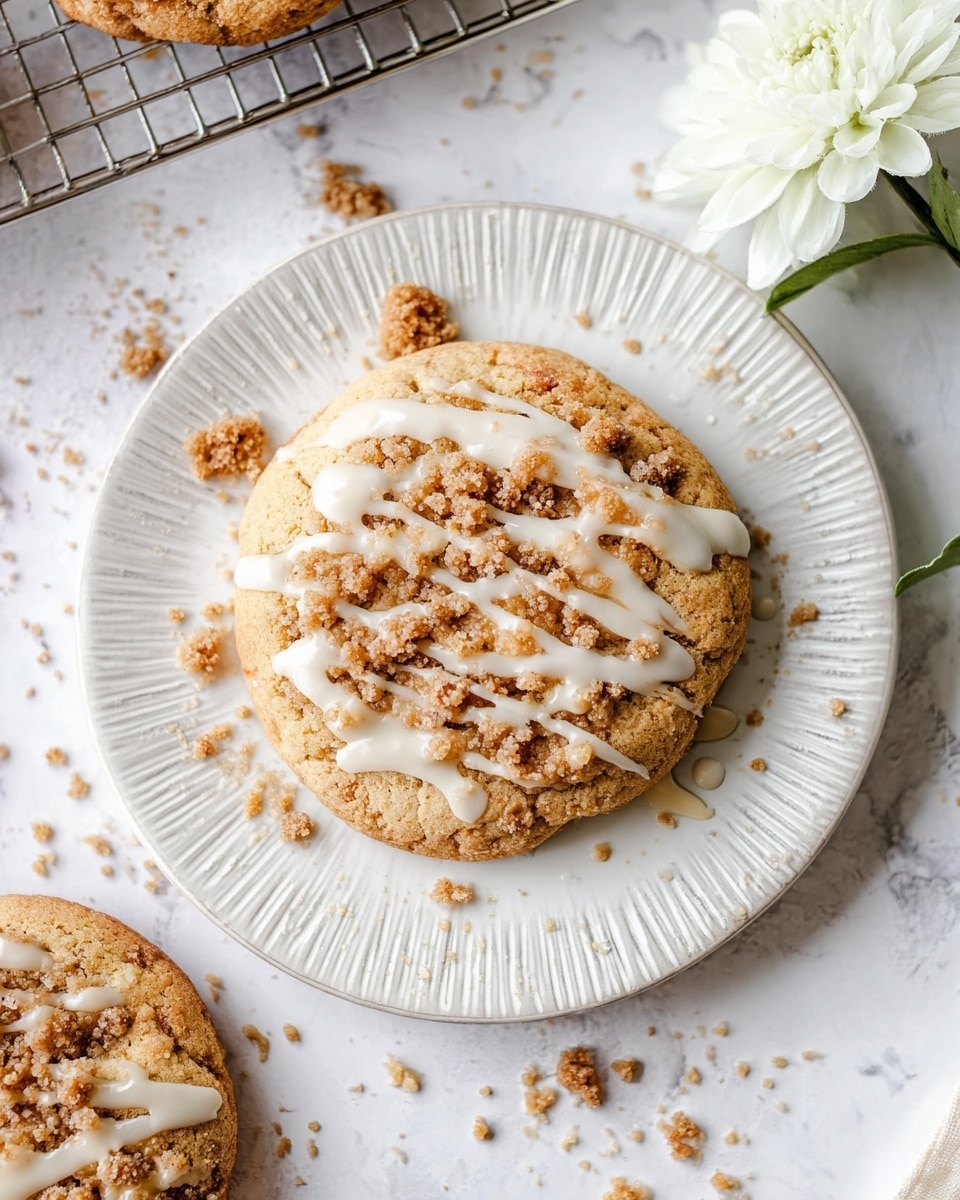 There are six round cookies with a light brown base layer, each topped with a crumbly dark brown layer in the center and drizzled with white icing lines running across the top. The cookies are placed on a golden cooling rack over a white marbled surface. A clear glass of milk is visible on the left side, while a small white bowl filled with extra crumbly topping is on the bottom right. A white flower with a green stem is also near the bowl, adding a soft touch to the scene. Photo taken with an iphone --ar 4:5 --v 7