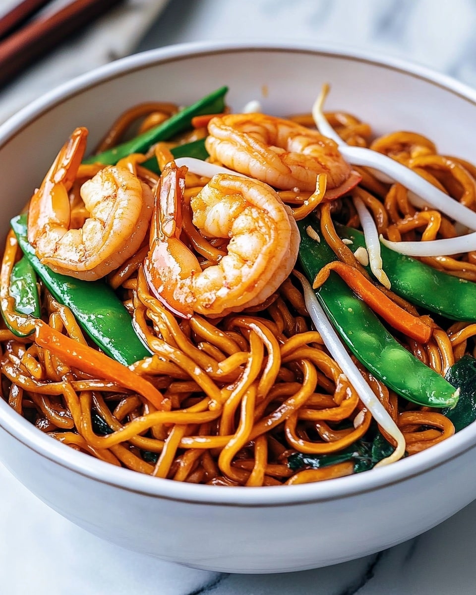 A black wok filled with golden-brown noodles twisted and mixed with pink shrimp, bright green snap peas, thin orange carrot strips, and light brown sliced water chestnuts, all lightly glazed with sauce that gives a slight shine to the ingredients; wooden chopsticks rest on the wok’s edge, and behind it are two bottles of sauces blurred in the background; the surface is changed to a white marbled texture; photo taken with an iphone --ar 4:5 --v 7