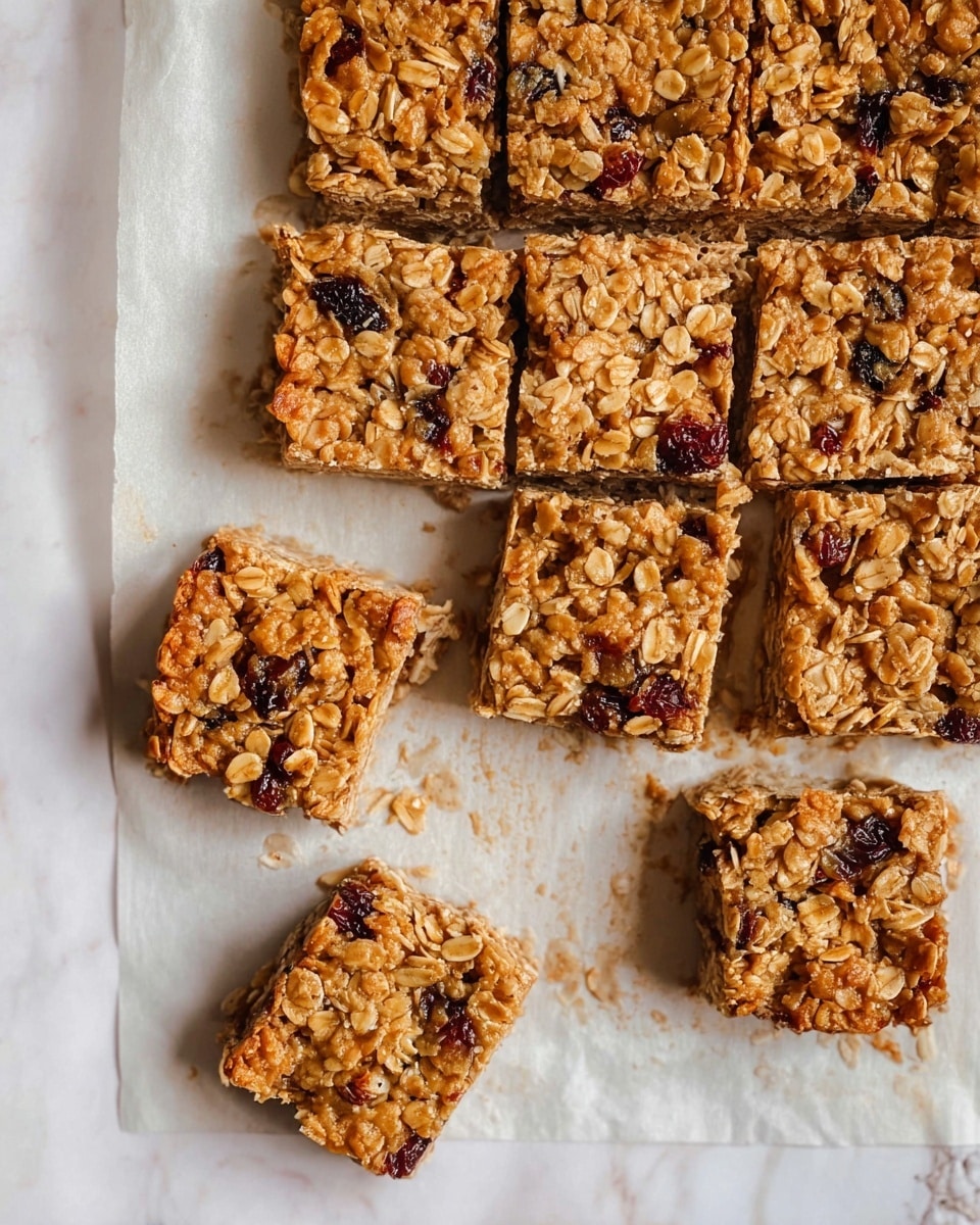 The image shows two square oatmeal bars stacked on top of each other placed on a black slate slab, with two more oatmeal bars blurred in the background on a white marbled surface. Each bar has a rough texture with whole oats visible throughout, giving a golden-brown color. There are small dark red dried fruit pieces embedded inside, adding contrast to the oats. The slabs have thick, dense layers with a slightly crumbly top and moist inside. Scattered oat flakes surround the slate and bars for extra detail. photo taken with an iphone --ar 4:5 --v 7