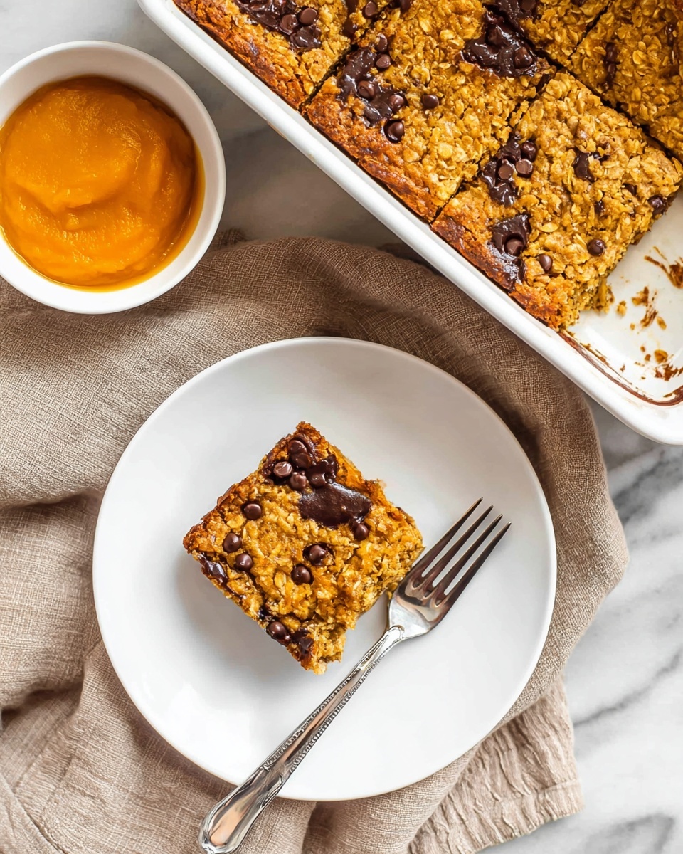 The image shows a white rectangular baking dish filled with a golden brown, textured pumpkin dessert topped with scattered dark chocolate chips. The dessert is cut into eight square pieces, with one piece partially removed using a metal spatula with a black handle, revealing a soft and moist interior. The top layer has a slightly crisp look with small chunks of pumpkin visible. The baking dish rests on a white marbled surface with a dark cloth partially visible in the corner. Photo taken with an iphone --ar 4:5 --v 7