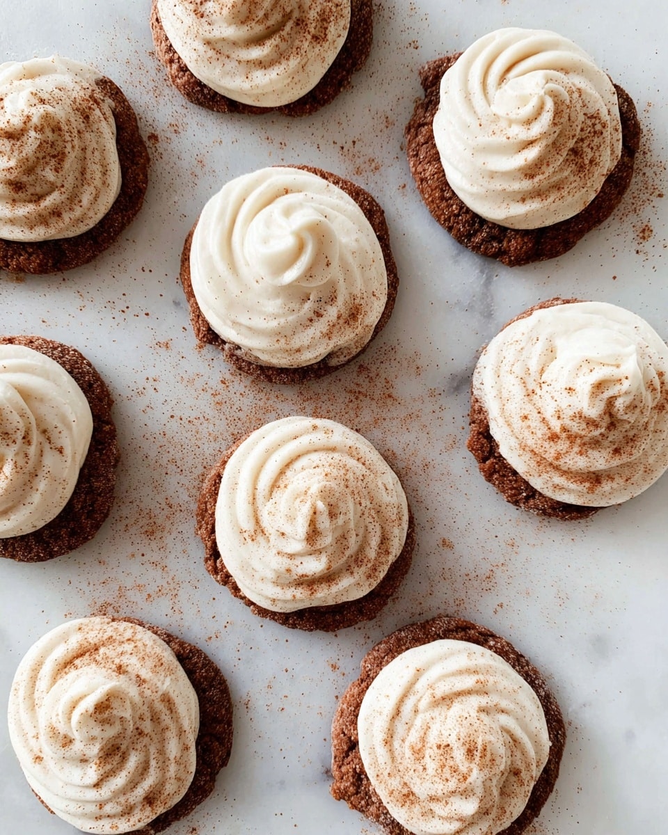 A close-up of a single round cookie with a dark brown, rough textured base, topped by a thick layer of light cream-colored frosting swirled in a circular pattern, sprinkled evenly with fine brown powder. The cookie rests on a white marbled surface with soft light highlighting the texture and color contrast between the dark cookie and the creamy frosting photo taken with an iphone --ar 4:5 --v 7