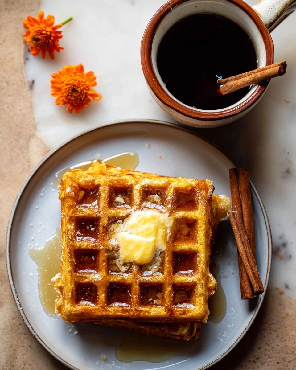 A stack of three golden brown waffles sits on a white plate with a slightly dark blue inner rim, placed on a wooden table. The top waffle has a dollop of light cream or butter on it, and golden syrup is being poured over the stack, flowing down the sides. Next to the waffles on the plate, there is a small brown cup with two cinnamon sticks inside and a silver spoon beside it. In the blurred background, there is a small plate with more cream and some orange flowers on a white marbled surface. Photo taken with an iphone --ar 4:5 --v 7