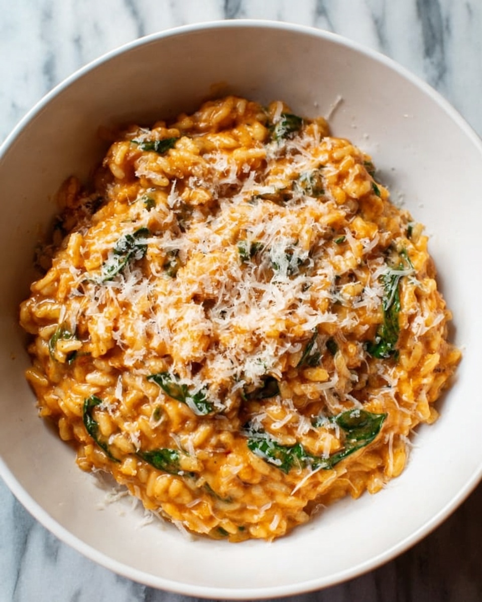 A white bowl filled with creamy orange pasta mixed with small green spinach leaves and bits of browned meat throughout, topped with a light sprinkle of grated white cheese. The pasta has a rich, saucy texture with some visible spirals and ruffled edges, sitting on a white marbled surface. In the background, a second bowl with the same dish is partially visible. The photo taken with an iphone --ar 4:5 --v 7