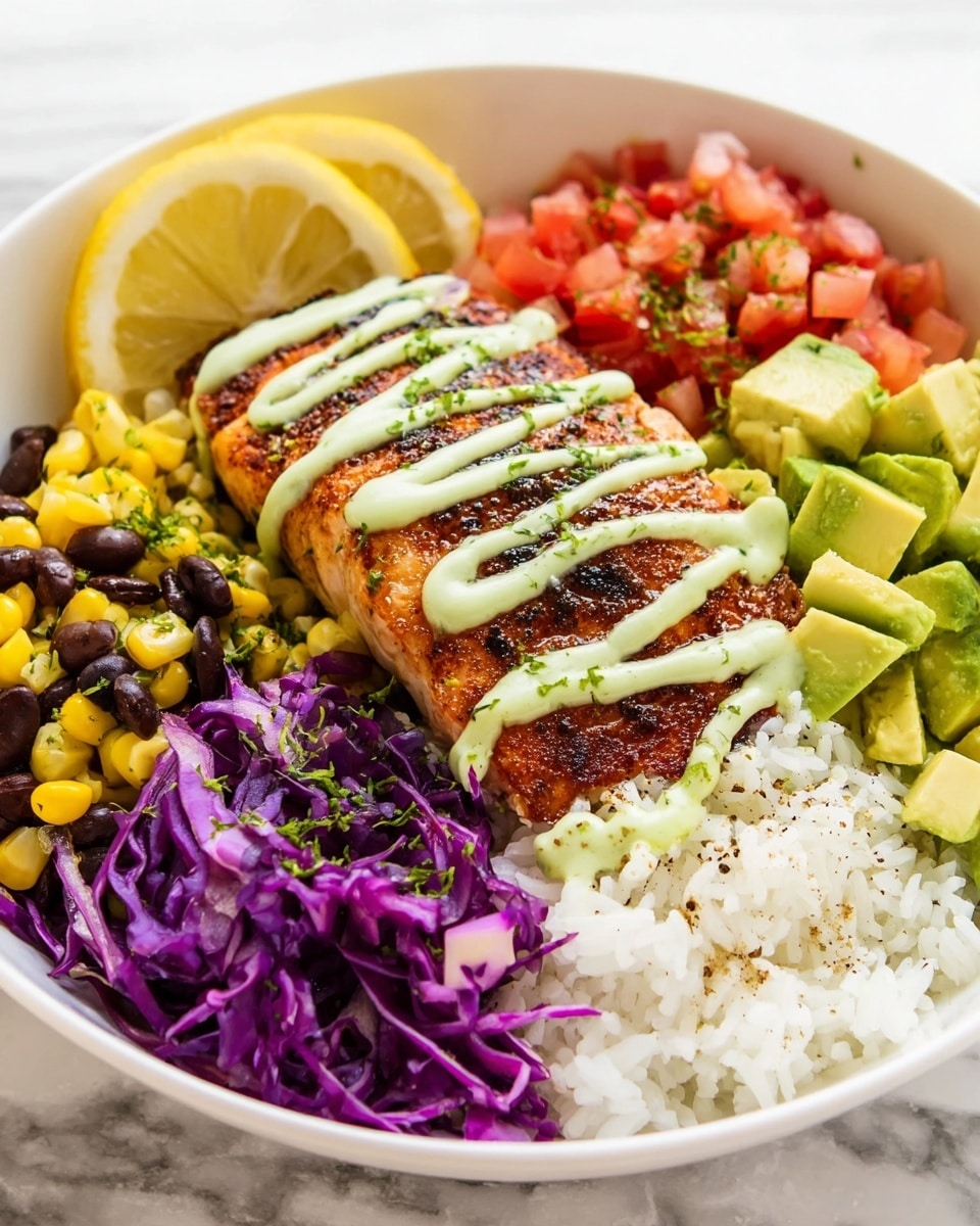 A white bowl on a white marbled surface holds a colorful dish with several layers. At the base, there is a layer of white rice with a soft, slightly sticky texture. To one side, finely shredded purple cabbage adds a bright, crunchy layer. On top of the rice is a piece of grilled salmon, golden brown with a slightly charred texture, drizzled with a light green sauce in thin lines. Beside the salmon, there is a mix of black beans, yellow corn kernels, and diced green peppers, giving a speckled look of black, yellow, and green. On top of this mix, three thick slices of bright green jalapeño rest. Next to the salmon and rice are two lime wedges with a fresh, juicy appearance. photo taken with an iphone --ar 4:5 --v 7