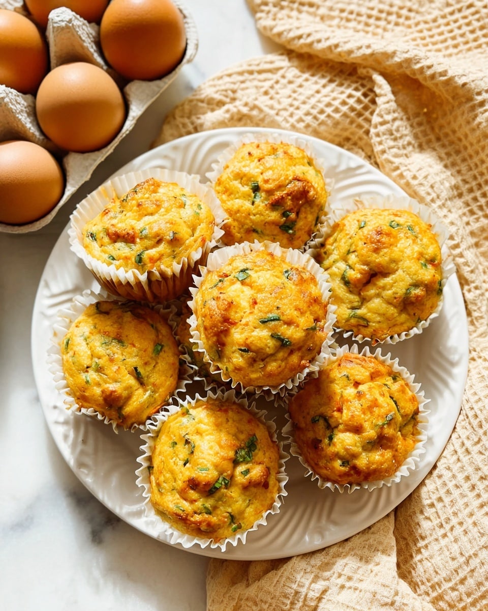 The image shows a close-up of several savory muffins in white paper liners, arranged closely together on a white marbled plate. Each muffin has a golden-brown top with a soft but slightly uneven texture, showing small bits of green herbs and orange cheese peeking through the surface. One muffin in the center is split in half, revealing a moist, light yellow inside with visible chunks of light brown meat, green herbs, and melted orange cheese embedded throughout. The muffins look warm and freshly baked, with a slightly crispy edge. Photo taken with an iphone --ar 4:5 --v 7