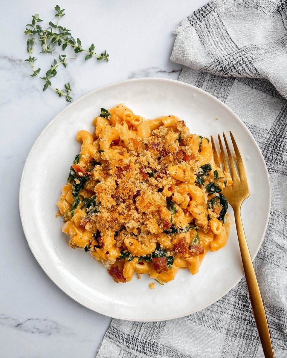 A white plate holds a serving of baked macaroni and cheese with three main layers: the bottom layer is creamy orange cheese sauce coating small spiral pasta, mixed with green spinach leaves and pieces of browned bacon; the middle layer shows more orange cheesy pasta with visible bits of bacon and spinach; the top layer is golden, crispy breadcrumb topping sprinkled with a small green herb for garnish. To the right on the plate, a gold fork lifts a forkful of cheesy pasta with spinach. The plate sits on a white marbled surface with a black-and-white patterned cloth nearby and small green herbs scattered around. Photo taken with an iphone --ar 4:5 --v 7