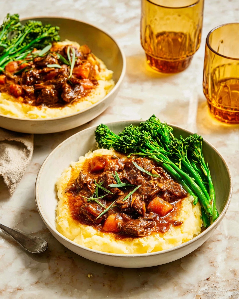 Two white bowls sit on a white marbled surface, each filled with three layers. The bottom layer is creamy, light yellow mashed potatoes with a soft texture. The middle layer has a rich brown beef stew with chunks of carrots and a saucy look, spread over the mashed potatoes. The top layer shows bright green broccolini stems placed on one side of each bowl. In the background, there are two amber-colored drinking glasses, one closer and one farther from the bowls. Photo taken with an iphone --ar 4:5 --v 7