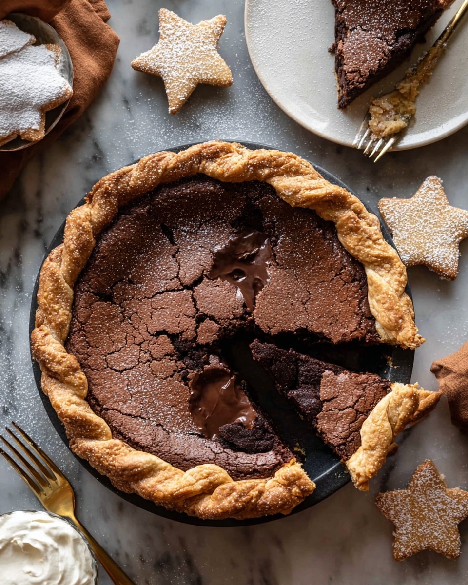 A round chocolate pie with a dark brown, slightly cracked top layer fills a white plate. The pie crust has a thick, braided border that is golden brown with a sugar coating. Next to the pie on the white marbled surface are three small star-shaped cookies dusted with powdered sugar. A fork and knife with silver handles lie to the left side of the plate, and an amber-colored drink sits above the pie. A dark blue cloth is draped to the right side. The scene is set on a white marbled texture background photo taken with an iphone --ar 4:5 --v 7