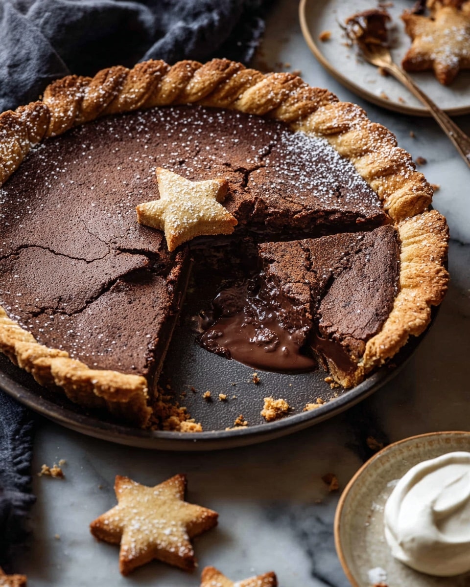A round chocolate pie with one slice taken out sits on a dark plate, showing a thick, cracked, rich chocolate layer on top with a glossy, melted chocolate filling inside, surrounded by a golden-brown braided crust sprinkled with sugar. Near the pie are small star-shaped cookies dusted with sugar, placed on a white marbled surface. A woman’s hand holds a slice of the pie on a white plate in the background, with a gold fork next to it, and another white plate with a dollop of cream and a gold fork is visible at the bottom left corner. Photo taken with an iphone --ar 4:5 --v 7