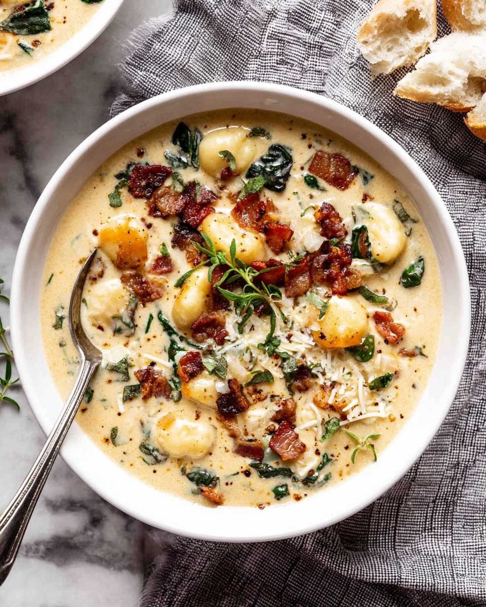 A close-up view of a thick, creamy soup in a black pot with a red handle, showing a ladle lifting some soup. The soup has multiple layers: a smooth beige creamy base with visible bits of dark green kale leaves and slices of orange carrots scattered throughout. There are also small, light yellow gnocchi pieces with a ridged texture floating in the soup. The ladle has a shiny gold handle and holds a mix of kale and gnocchi soaked in the creamy broth. The pot sits on a gray fabric cloth over a white marbled surface. Steam rises gently from the hot soup, creating a cozy feeling. Photo taken with an iphone --ar 4:5 --v 7
