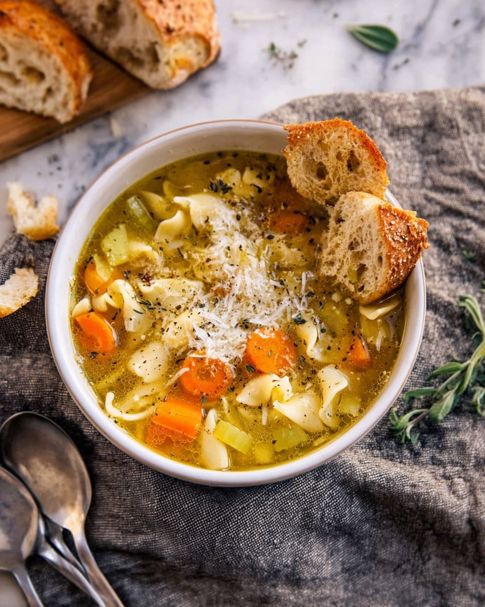A close-up view of a pot filled with hot soup that has a clear yellowish broth with small bubbles on the surface. Inside, there are soft, thin noodles that are pale yellow and scattered evenly, pieces of orange carrot cubes, small green celery bits, and shredded light brown chicken. The soup has a layer of dark green herbs floating on top. Steam rises gently from the pot, showing it is hot. The pot is dark with red handles and sits on a black stove. The background has a soft, white marbled texture. photo taken with an iphone --ar 4:5 --v 7