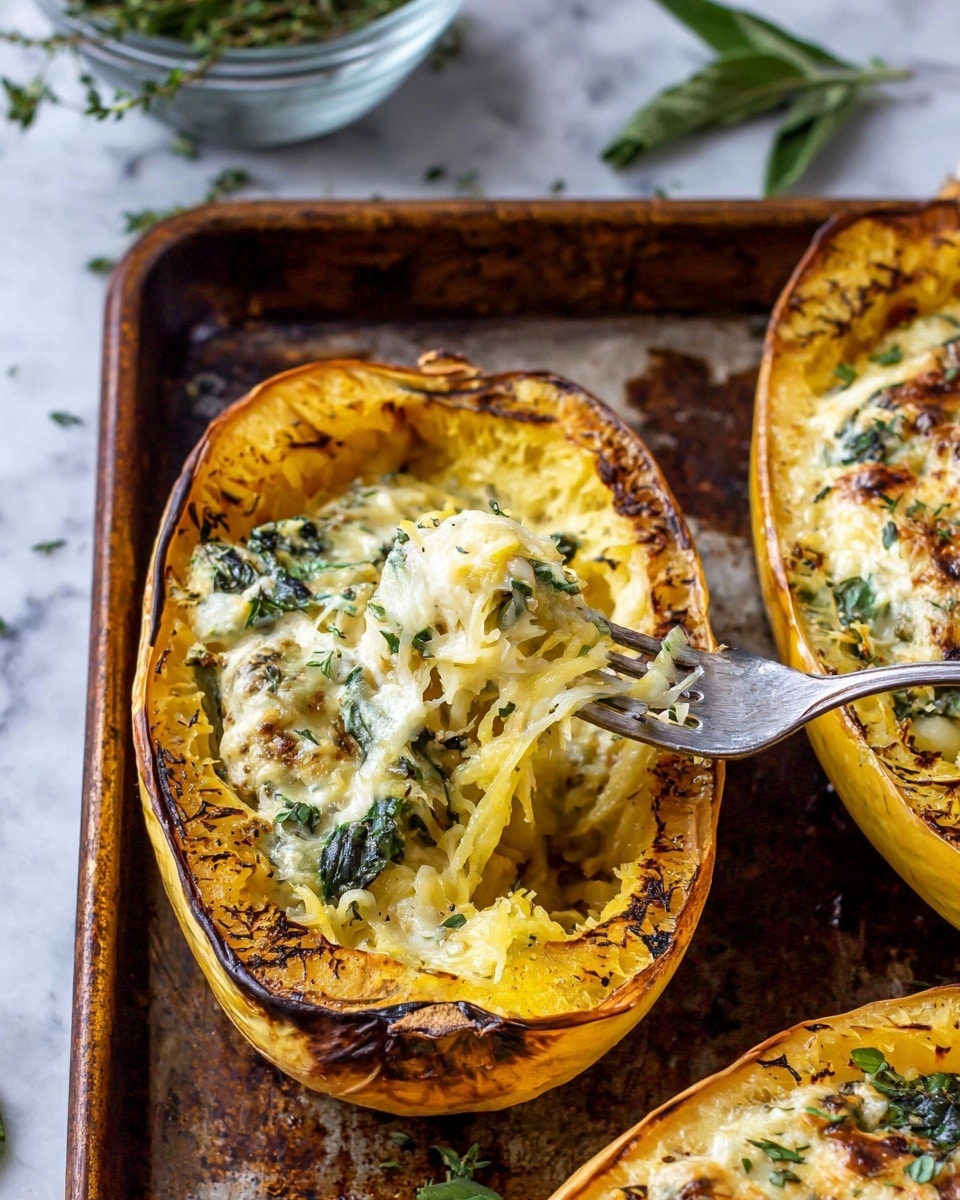 The image shows three halves of roasted spaghetti squash placed on a metal baking tray over a wooden surface. Each squash half has a golden-yellow outer shell with a slightly browned rim. The inside layers have a mix of soft spaghetti squash strands in pale yellow, mixed with a creamy, melted cheese layer that includes specks of green herbs and finely chopped greens. One squash half has a silver fork with a simple design resting inside, lifting some of the soft strands. Small green herb sprigs are scattered on top of some squash pieces. Nearby, there is a glass of water with reflections and green leaves, all set on a white marbled texture. Photo taken with an iphone --ar 4:5 --v 7