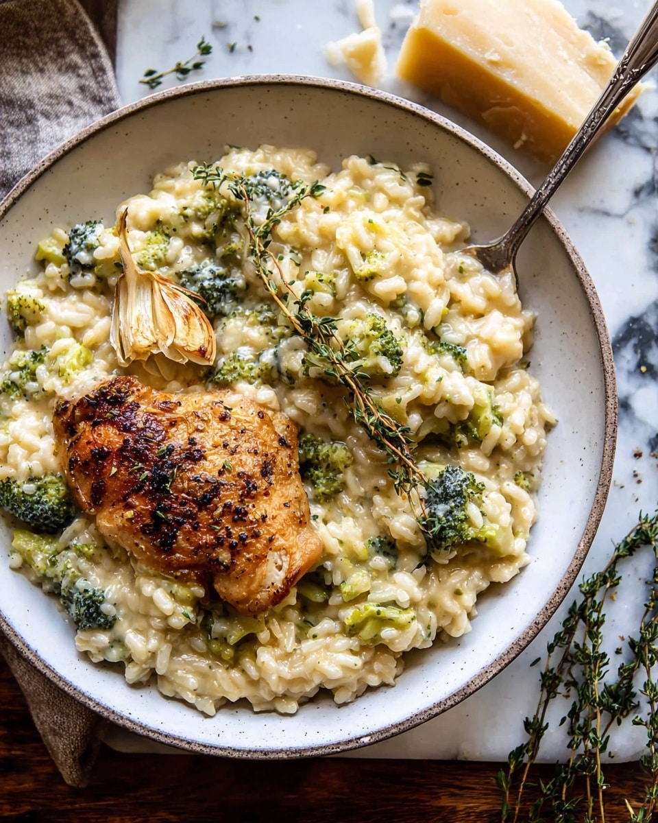 A shallow white speckled bowl holds a creamy risotto with visible light green broccoli pieces mixed throughout the pale, soft rice. On top, a golden-brown cooked chicken piece with some herb bits sits slightly off center, adding a textured, browned layer. A single roasted garlic clove with a rich brown color rests near the chicken, and scattered sprigs of fresh green thyme decorate the dish. Two vintage silver forks lie on the left side inside the bowl, and the bowl is set on a white marbled surface with a textured cloth nearby. photo taken with an iphone --ar 4:5 --v 7