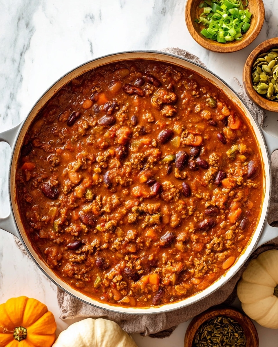 The image shows a big white round pot filled with thick chili, with rich reddish-brown sauce mixed with ground meat, kidney beans, white beans, and small diced orange and green vegetables. The chili has a chunky texture with visible pieces of meat and beans spread evenly across the surface. The pot is placed on a white marbled surface, with small pumpkin seeds and chopped green onions in small wooden bowls behind it, and two small decorative pumpkins nearby. Photo taken with an iphone --ar 4:5 --v 7