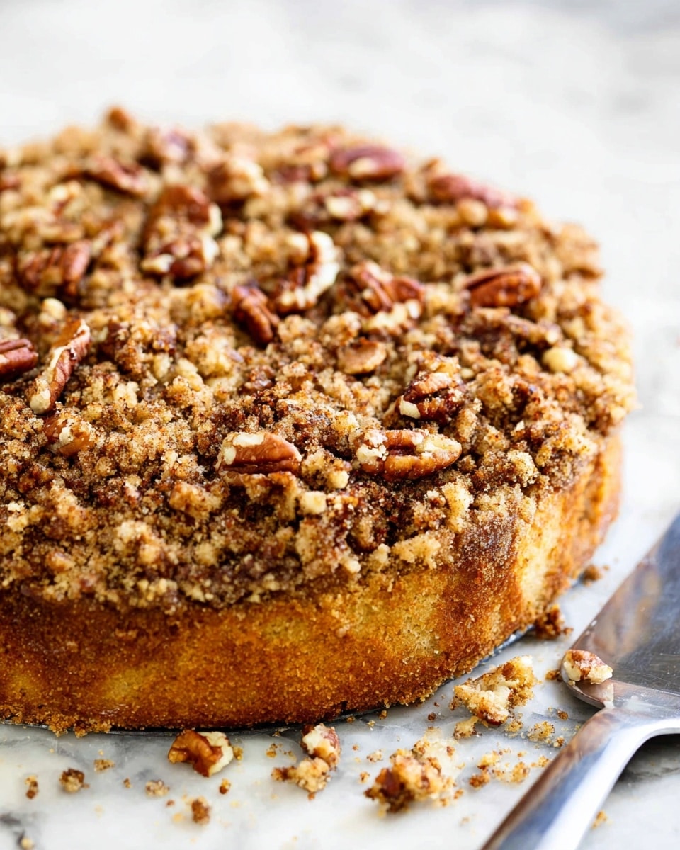 The image shows a round cake with one main layer that is golden brown and dense. The top layer is covered thickly with crumbly streusel that is light brown and rough in texture, sprinkled generously with chopped pecans that are rich brown with lighter tan highlights. Some streusel crumbs and pecan pieces are scattered around the cake on a white marbled surface. The cake's edge appears moist and firm, giving a homemade feel. In the foreground, there is a metal spatula slightly out of focus, adding to the casual bakery setting. Photo taken with an iphone --ar 4:5 --v 7