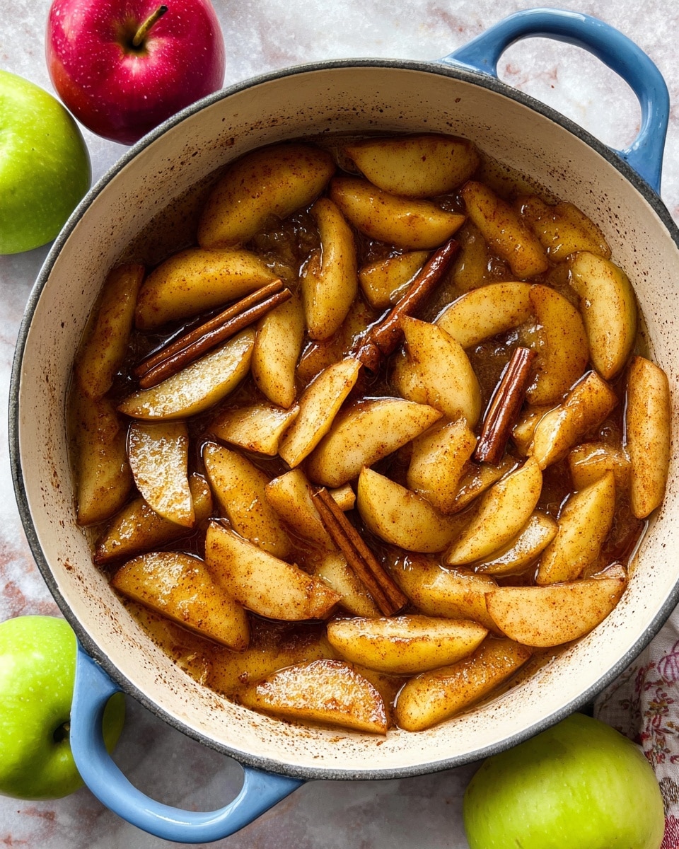 The image shows a close-up of many golden-brown apple slices cooked with spices, all inside a pot. The apple slices are thick and soft, glistening with a shiny layer of syrup or glaze. A wooden spoon is scooping several apple slices from the pot, with the textured wood contrasting with the smooth, glossy apples. The colors range from light yellow to rich caramel, with specks of cinnamon visible. The whole scene sits on a white marbled background. photo taken with an iphone --ar 4:5 --v 7