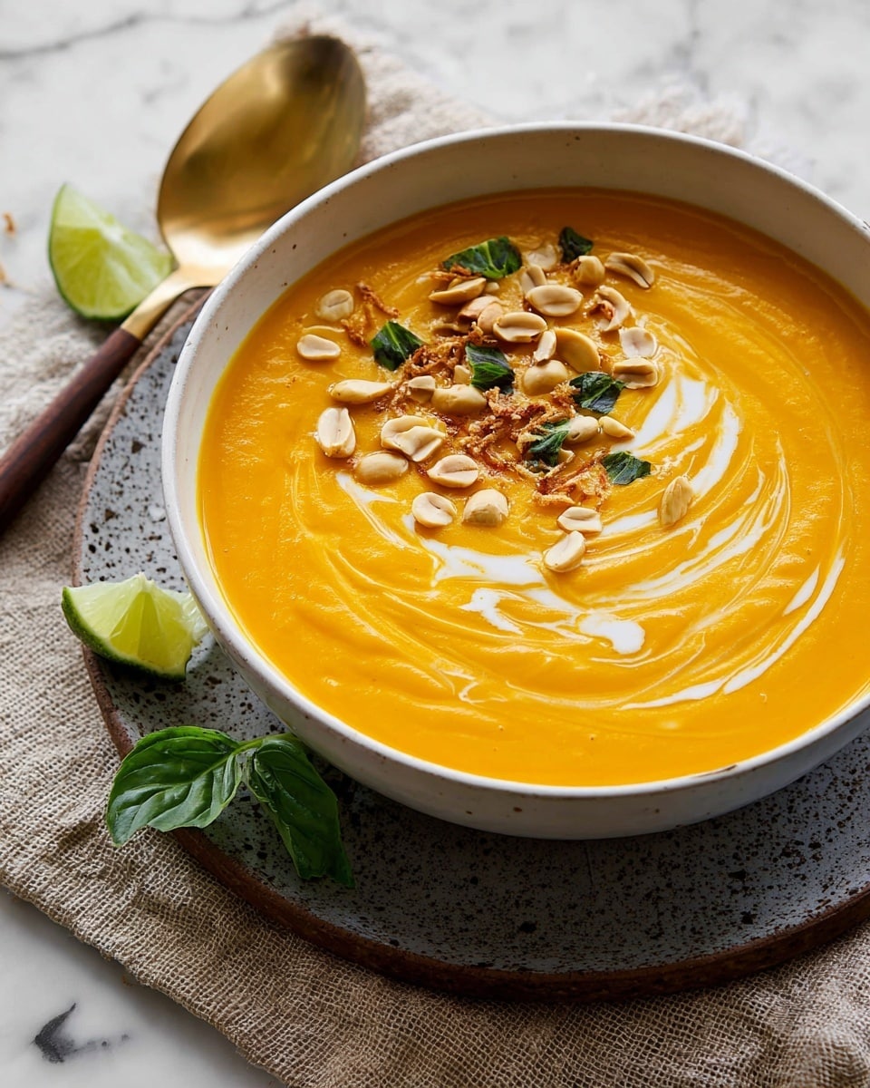 A white bowl filled with smooth, bright orange soup swirled with white cream on top. The soup is garnished with a line of sliced peanuts, small green herb leaves, and small pieces of light brown fried shallots or onions, placed off-center near the top edge of the bowl. The bowl sits on a light gray cloth on a dark wood surface, with a wedge of green lime placed in the bottom left corner. The soup's texture is creamy and thick with a gentle swirl in the middle. Photo taken with an iphone --ar 4:5 --v 7