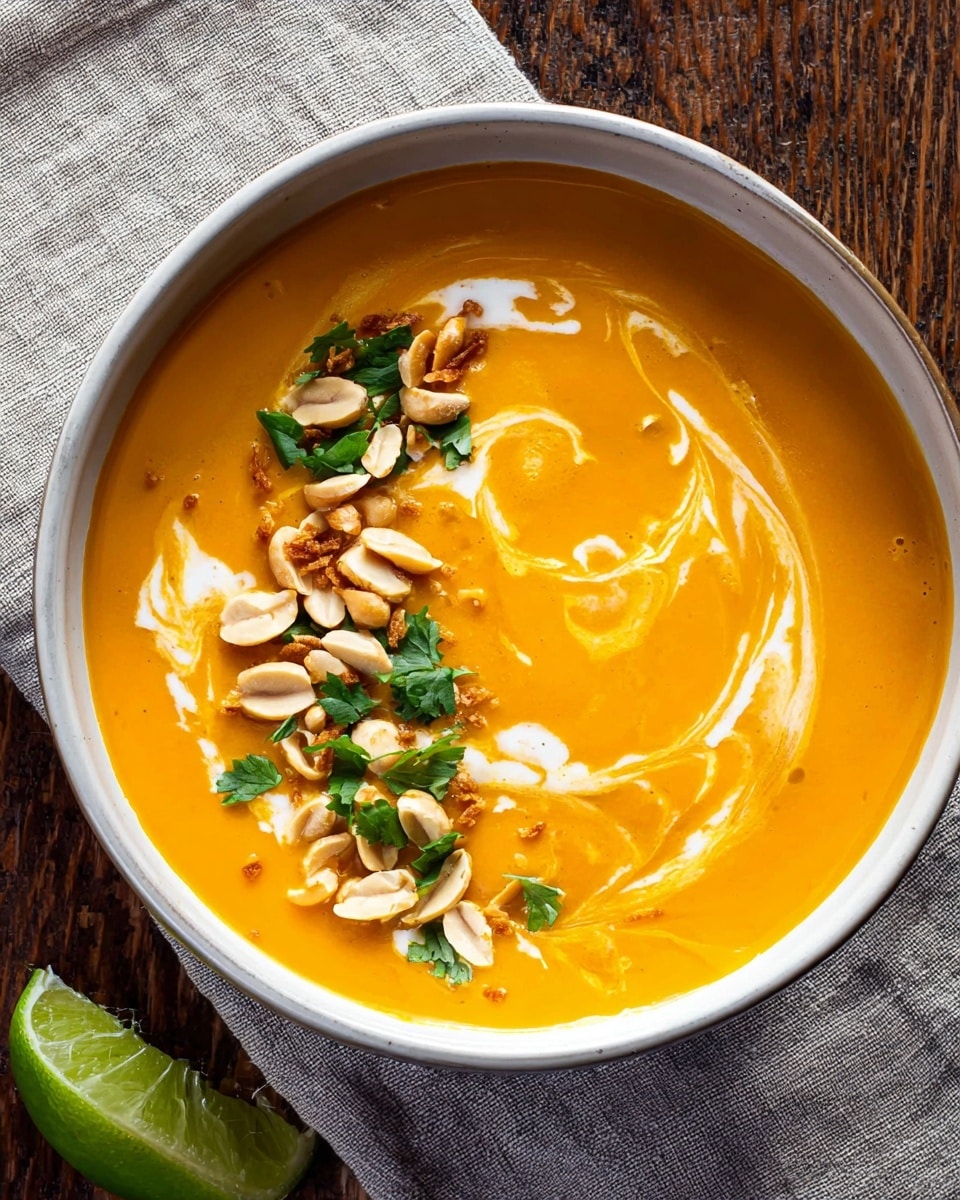 A thick, creamy orange soup fills a white bowl, with a swirl of white cream on top creating a soft whirl pattern. On one side of the bowl's surface, there is a garnish of light brown peanuts, crispy fried onions, and small green herbs, adding texture and color contrast. The bowl sits on a speckled gray plate over a beige cloth, on a white marbled surface. A gold spoon and a wedge of lime are placed beside the bowl, along with a few green basil leaves nearby. Photo taken with an iphone --ar 4:5 --v 7