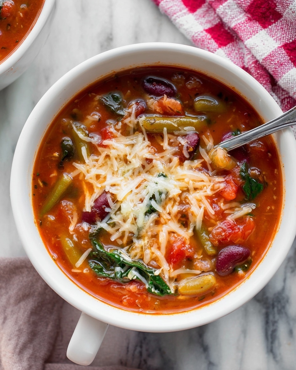 The image shows two white mugs filled with a thick vegetable soup that has a red-orange broth. The soup contains several layers of colorful vegetables and pasta: bright green string beans and spinach leaves, chunks of yellow zucchini, red tomatoes, and small white circular orzo pasta all mixed together. The textures are soft and slightly chunky with a glossy surface. Next to the mugs, there is a small white bowl holding fresh green herbs, placed on a white marbled surface with a red and white checkered cloth partially visible at the top left corner. A silver spoon is inside the top mug. Photo taken with an iphone --ar 4:5 --v 7