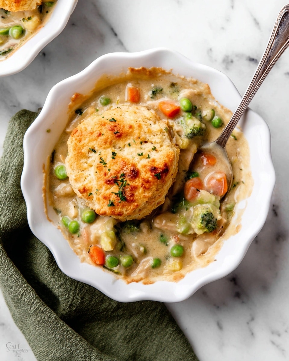 A white rectangular dish filled with six golden-brown baked biscuit pieces arranged in two rows of three. The biscuits have a rough, crackled texture on top with browned spots. Beneath the biscuits, there is a thick, creamy sauce with visible small chunks of orange carrots, green peas, and broccoli, mixed with light bits of herbs. The sauce slightly bubbles up around the edges of the biscuits. The dish sits on a white marbled surface with a soft green cloth partially under it and a small white bowl with chopped herbs nearby. Photo taken with an iphone --ar 4:5 --v 7