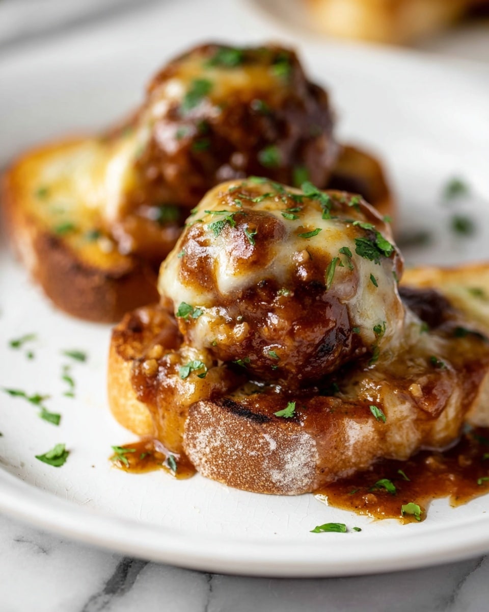 A white pan filled with a single layer of browned meatballs, each topped with melted white cheese and sprinkled with fresh green herbs. The bottom layer is a dark brown sauce that surrounds the meatballs, creating a rich contrast with the white pan. The edges of the pan show some sauce splatters, adding a natural, cooked look. The background is a white marbled surface. photo taken with an iphone --ar 4:5 --v 7