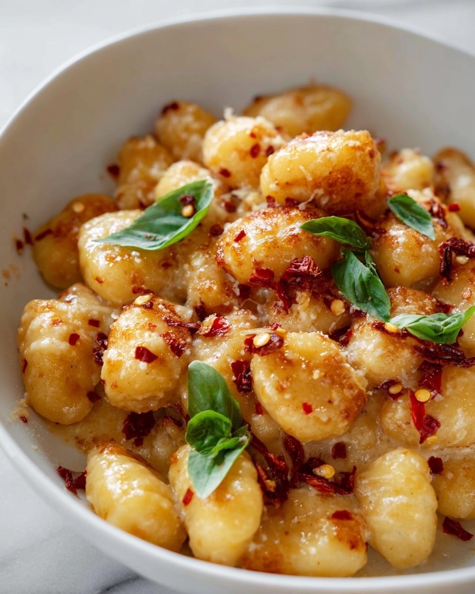 The dish shows a single-layered white pot filled with golden-yellow gnocchi covered in a thick, rich orange-red tomato sauce mixed with melted white cheese melting into the sauce in patches. The surface has small dark red chili flakes sprinkled over and a few fresh small green basil leaves scattered on top, creating a contrast with the creamy sauce. The texture looks creamy and soft with some bubbling spots around the edges. The pot sits on a white marbled texture surface. Photo taken with an iphone --ar 4:5 --v 7