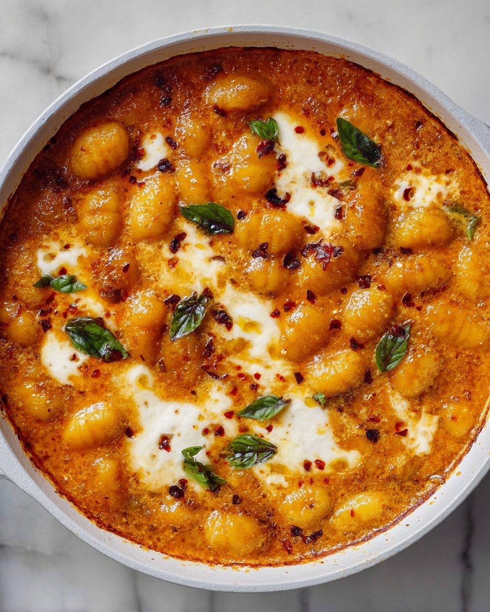 This image shows a close-up of baked gnocchi in a white round pan with a handle, sitting on a white marbled surface. The dish has one visible layer of golden-yellow gnocchi coated in a thick, rich red tomato sauce. On top, there are uneven patches of melted white cheese that look soft and creamy, partially mixed with the sauce. Small bright green basil leaves are scattered over the gnocchi as garnish, and there are red chili flakes sprinkled around, adding tiny specks of red. The edges of the pan show slight browning from baking. photo taken with an iphone --ar 4:5 --v 7