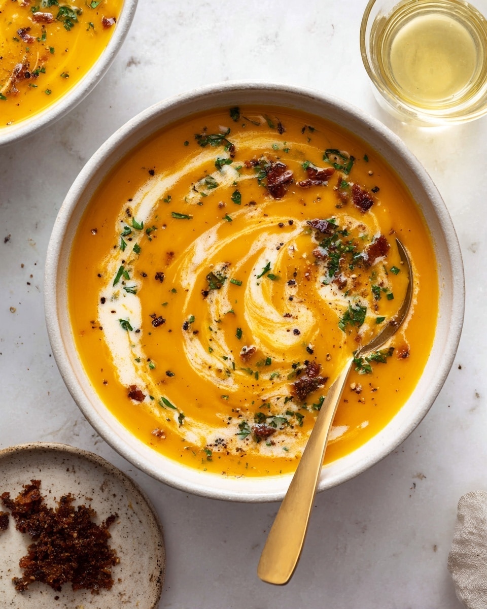 A white bowl filled with smooth orange soup as the base layer, topped with small dark brown chunks scattered evenly across the surface. There is a swirl of light yellow oil drizzled on top, mixed with some finely chopped green herbs sprinkled over main soup. A dollop of white cream sits near the center, with a few drops of yellow oil and small green herb pieces on it. A gold spoon rests inside the bowl on the right side, slightly dipping into the soup. The bowl sits on a white marbled surface with some small crumbs nearby. Photo taken with an iphone --ar 4:5 --v 7