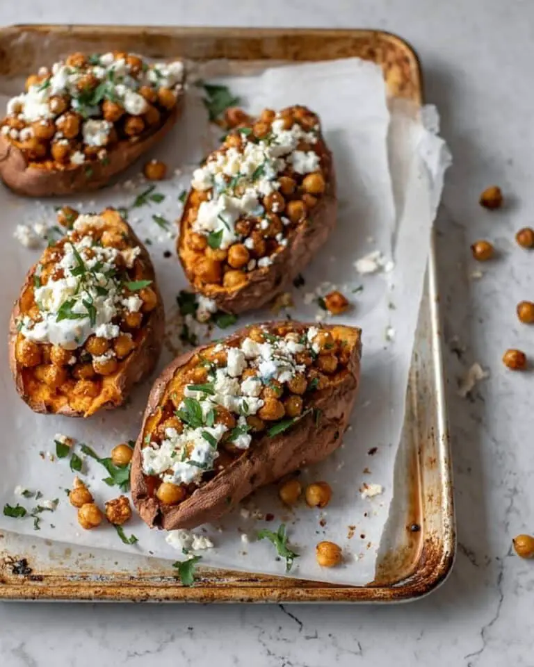 Slow Roasted Sweet Potatoes with Spicy Garlic Chickpeas and Blue Cheese Sauce Recipe